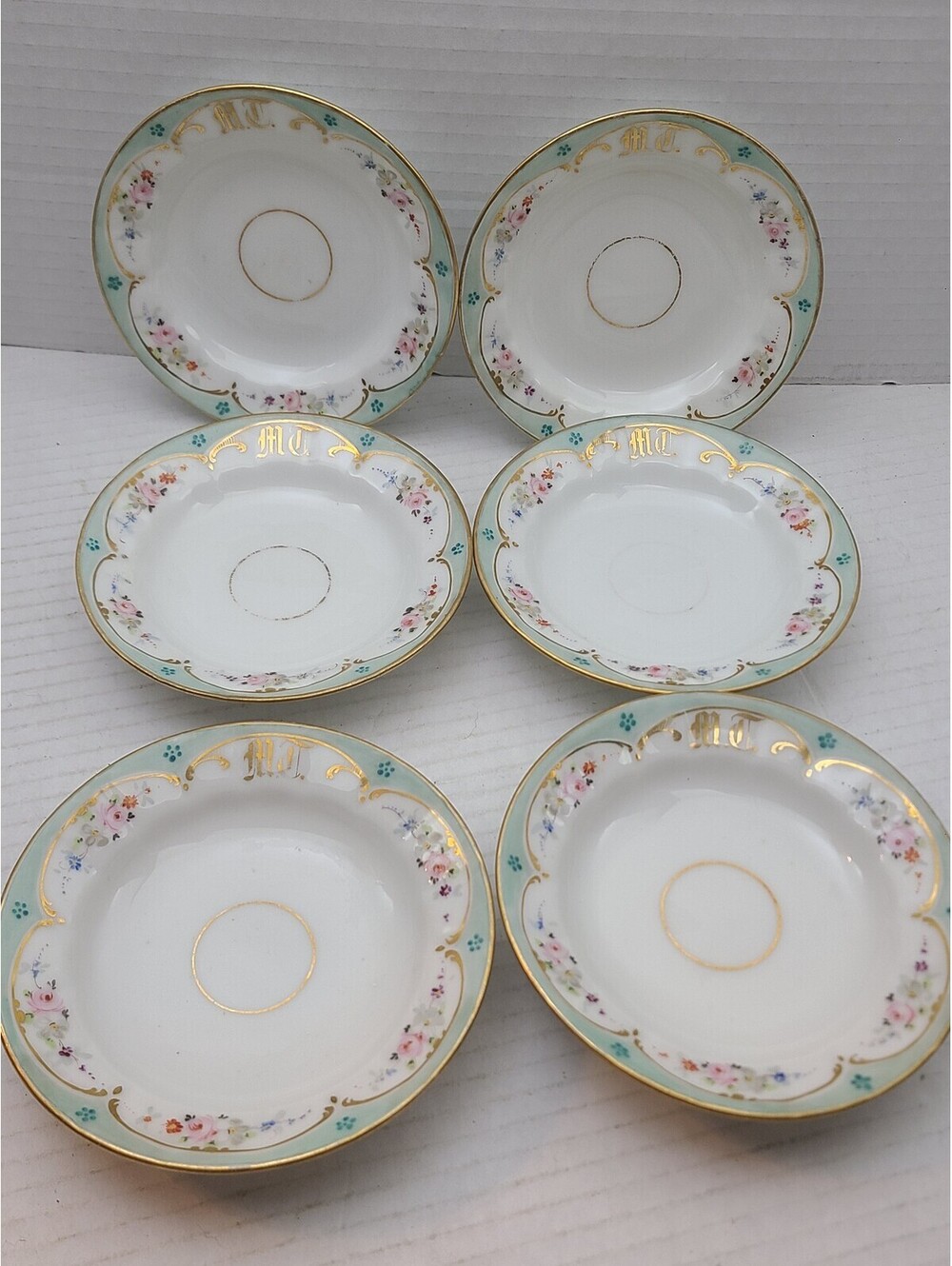 Antique Set of 6 Porcelain Art Nouveau Saucers Floral, Gold Accent, Monogrammed